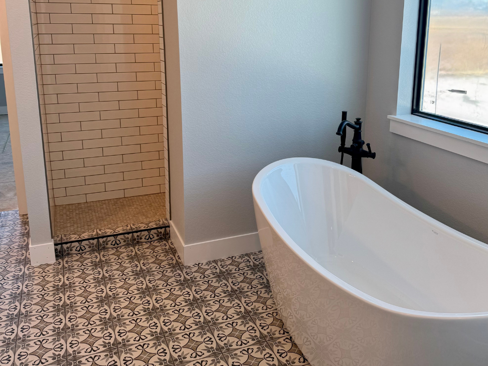 Bathroom with tub and subway walk-in shower